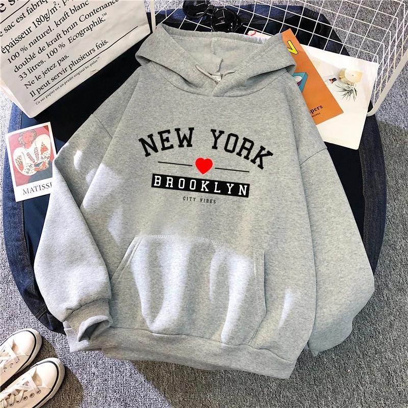 Brooklyn Print Hoodie for Woman High Quality Loose Hooded Sweatshirt Ladies All Season Home Outdoor Comfort Casual Warm Pullover