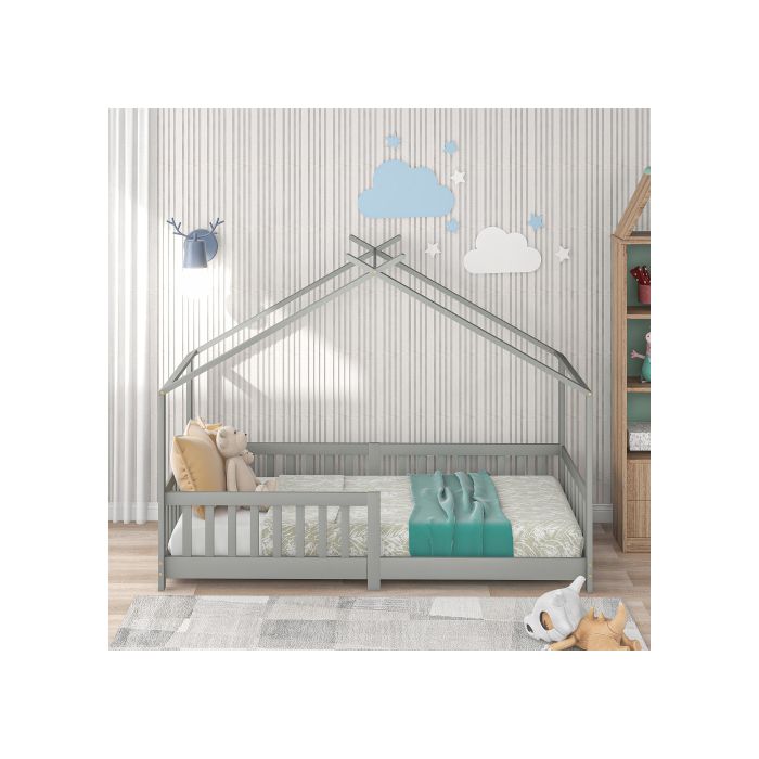 Παιδικό κρεβάτι - MUVOE - 200x90cm - Μασίφ ξύλο - Γκρι - Προστατευτικό κάγκελο
