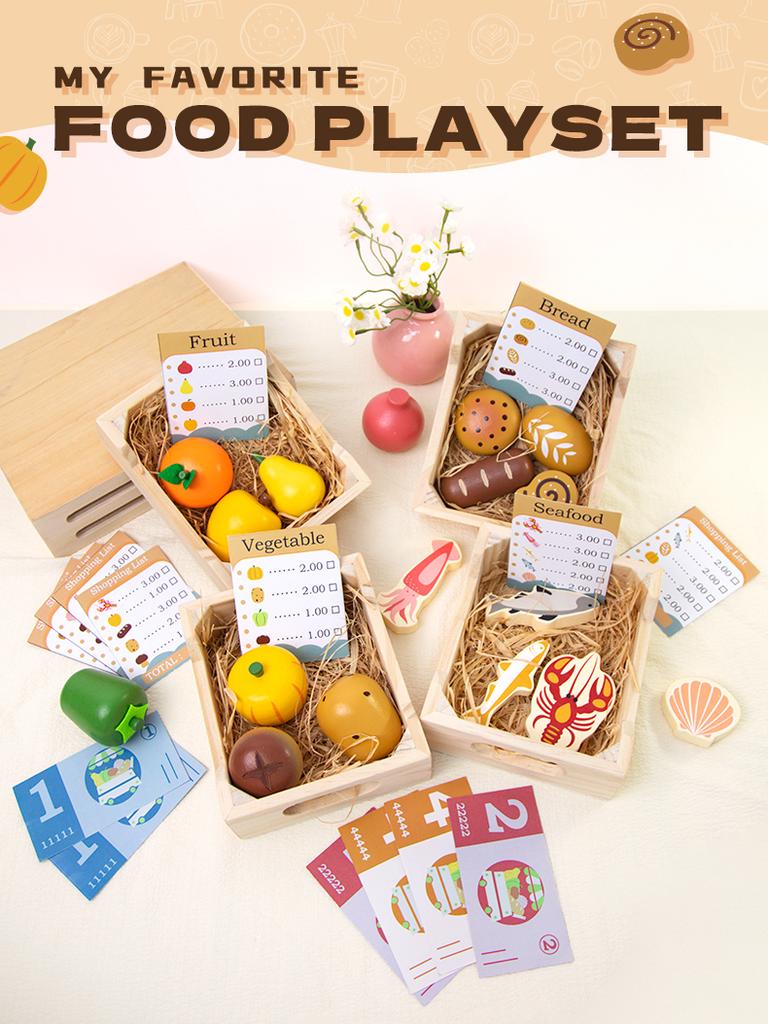 Wooden Play Food Sets for Kid Kitchen Simulation Cutting Bread Game Pretend Play Early Educational Cognition Toys for Boys Girls