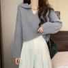Sweter dzianinowy w stylu koreańskim z kołnierzykiem lalki dla drobnych kobiet - Długi rękaw, luźny krój, na wiosnę i jesień