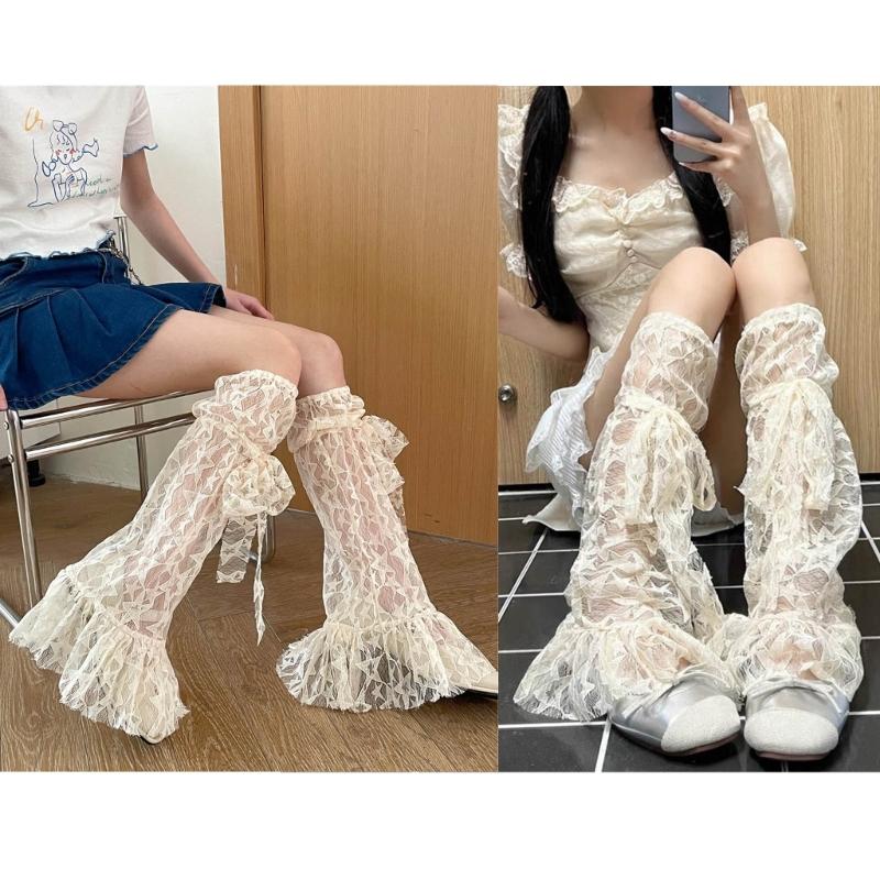 Womens Knee High Leg Warmer Socks Sweet Lace Ankle High Bandage Leg Sleeve Boot Long Tube Lace Leg Sleeve Calf Covers