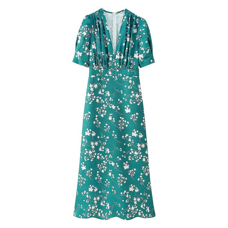 

Kaslead New Women clothes Western Style Fashion Simple Two-Color Pleated Decoration V-neck Print Dress Green L