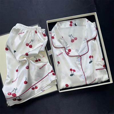 Cherries Print Two Pieces Pajamas Set Summer Faux Stain Pajamas Fashion Home Clothes Ladies Casual Shorts and Top Set Pijamas