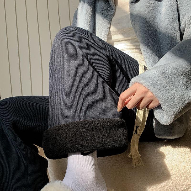 White Chenier Wide Leg Pants Women's Autumn and Winter Fleece High Waist Loose and Skinny Lamb Fleece Straight Casual Pants