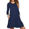 Women's Round Neck Long Sleeve A-Line Dress High Waist Casual Swing Dress with Pockets