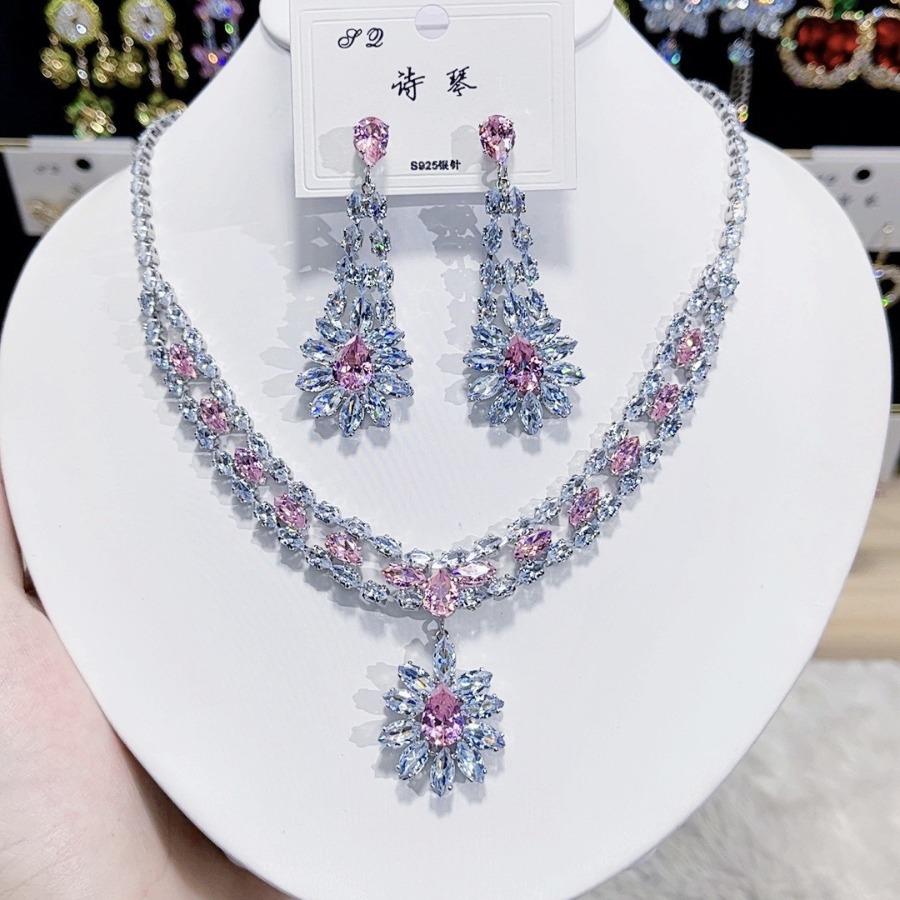 Women's Fashion Luxury Zirconia Crystal Pink Necklace Earrings Set Bracelet Jewelry Set Bridal Wedding Banquet Party Holiday