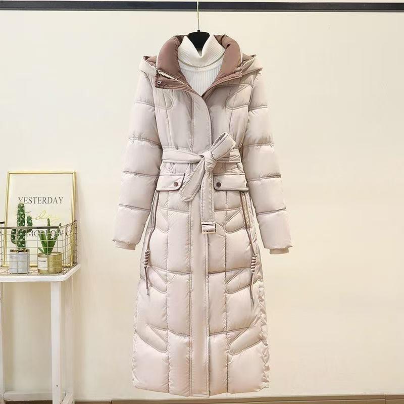 Modischer übergroßer langer Baumwollmantel mit Kapuze und Gürtel, warme Winterjacke für Damen