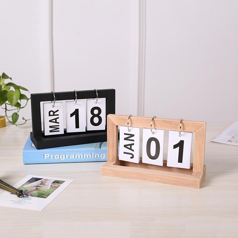 Wooden Perpetual Flip Calendar Simple Minimalist Design Desktop Ornament for Home Study Dorm Office Desk Decor