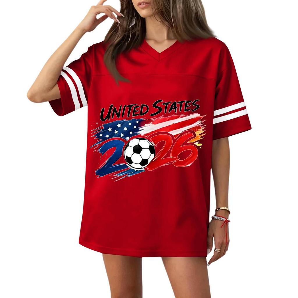 Womens V Neck Short Sleeve Soccer Graphic Tee United States Flag Print 2026 Casual Loose Fit Sports Top Shirt