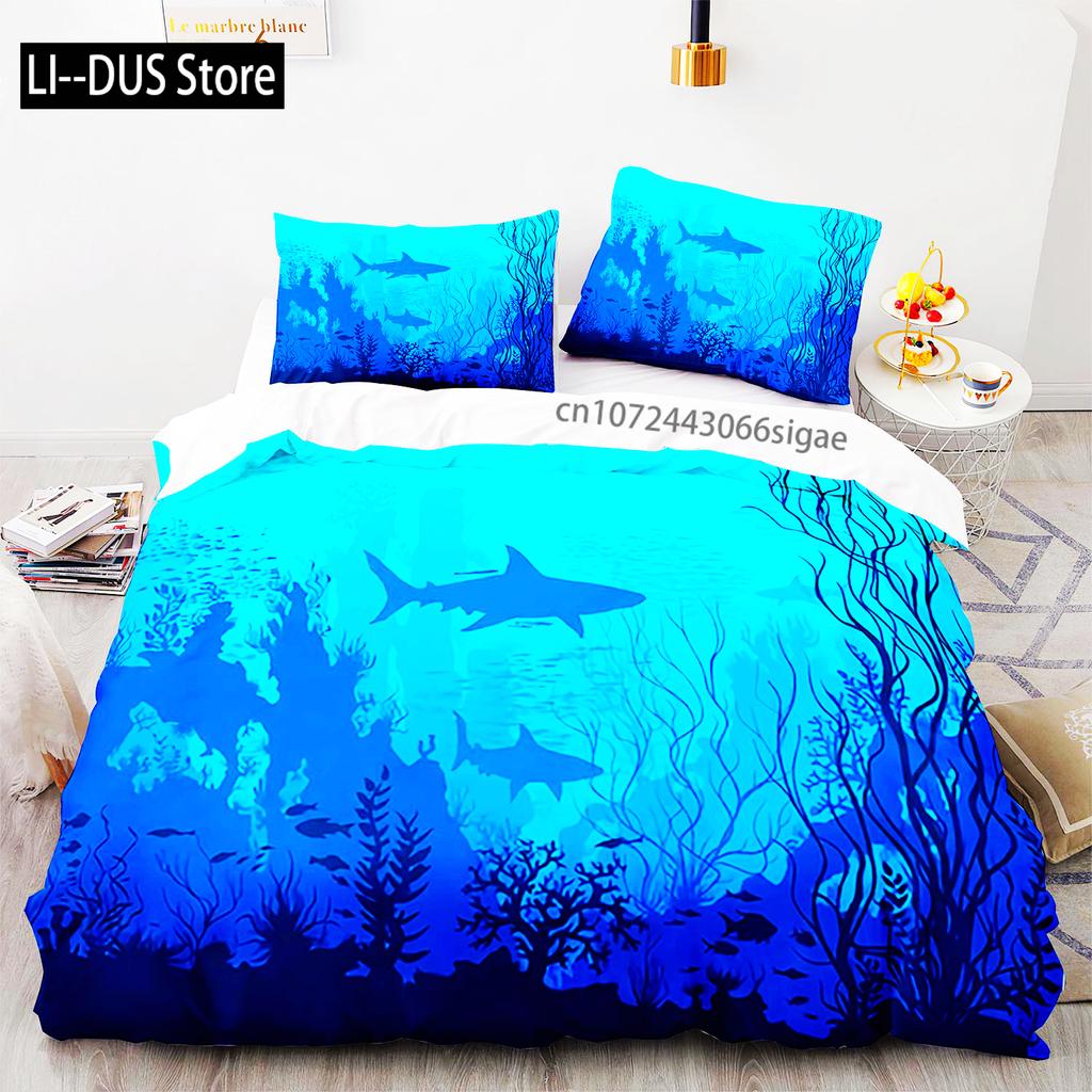 Blue Sea World Bettwäschesets 3D-Druck Meerestiere Delfine Haie Und Cartoon Steppdecke Queen Bettbezug-Set Kinder Erwachsene Bettwäsche