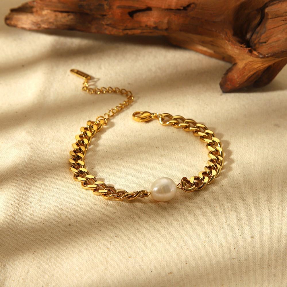 INS Light Luxury Fashion Baroque Freshwater Pearl Bracelet Plated 18K Gold Stainless Steel Cuban Chain Jewelry