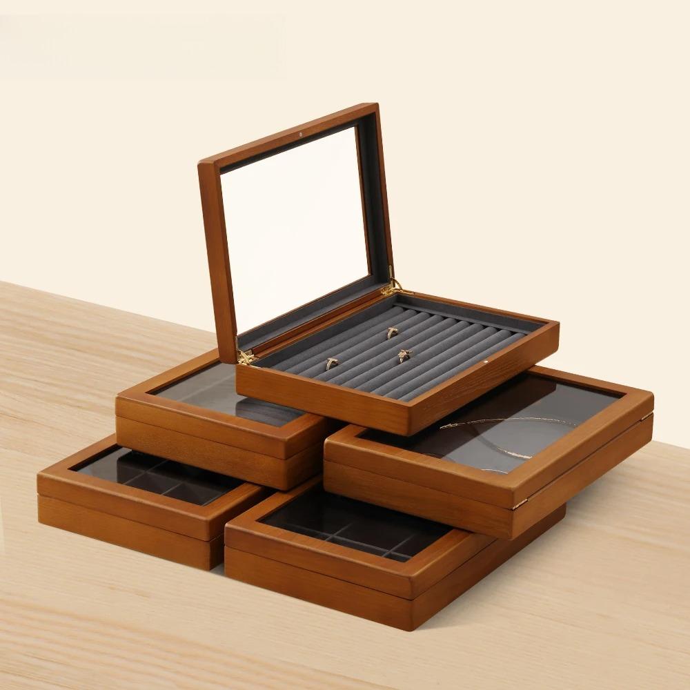For  Bracelet Necklace Display Case Wooden Ring Earrings Organizer Large Jewelry Storage Box With Cover X007