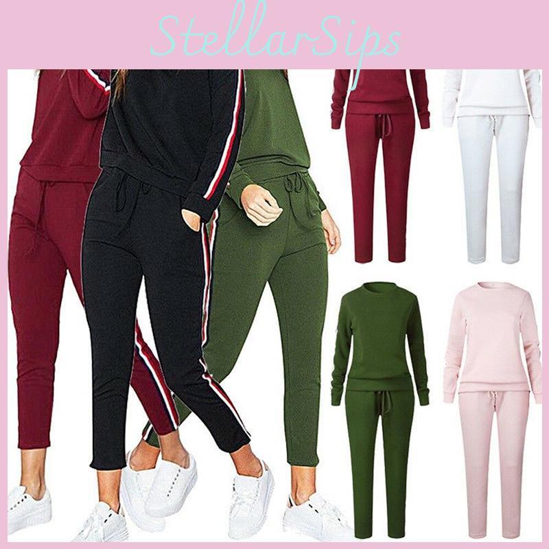 Damen 2-teiliges Trainingsanzug-Set Bequeme gestreifte Loungewear mit Rundhalsausschnitt und Kordelzug