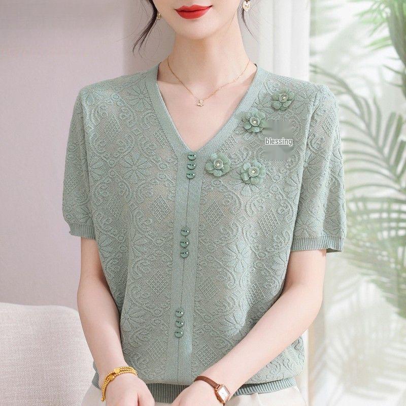 2026 Summer Ice Silk Blouse & T-Shirt Set for Moms and Seniors