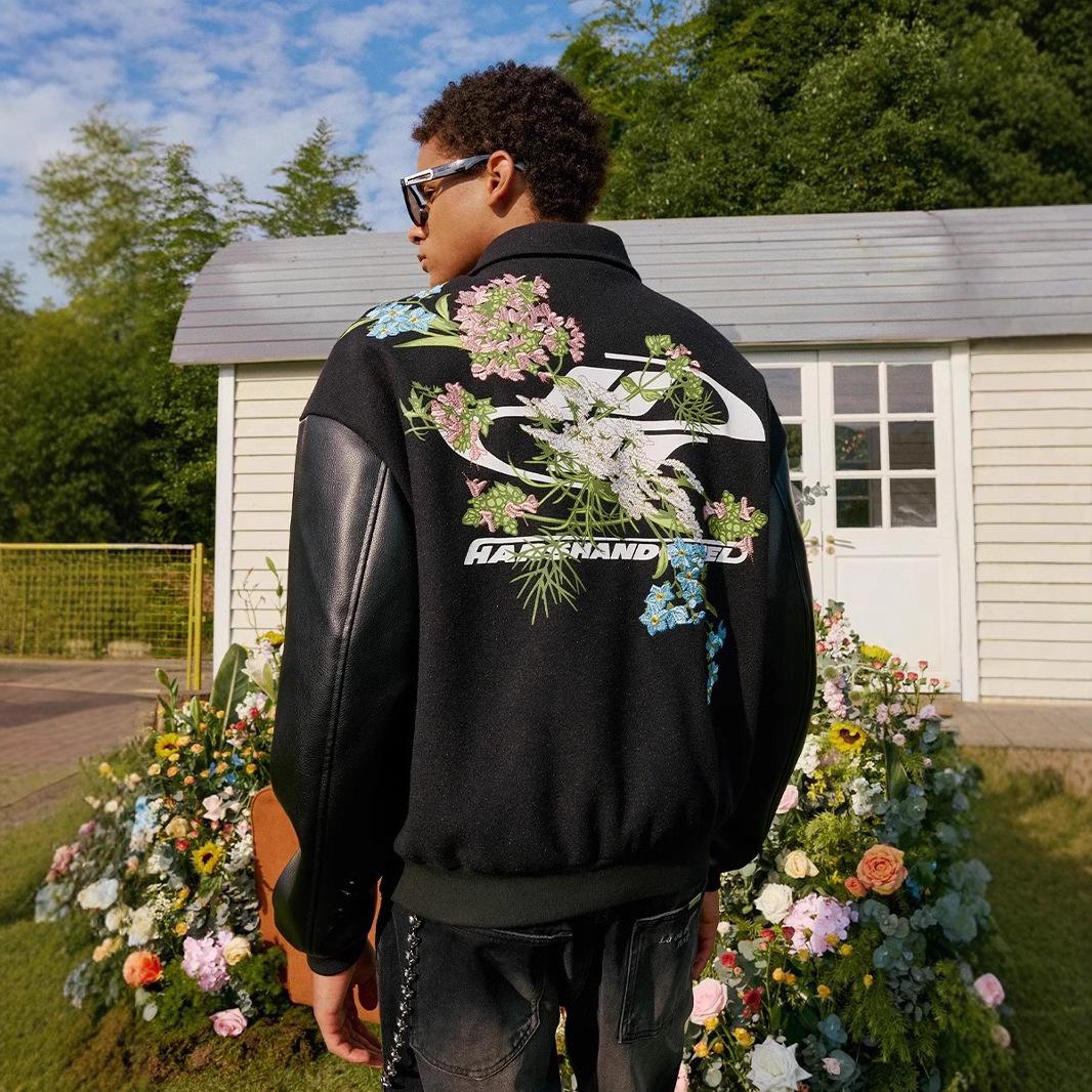 

Ретро китайская шерстяная бейсбольная куртка с цветочной вышивкой L чёрный