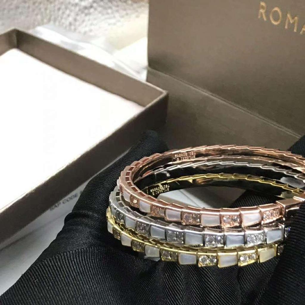 Sterling Silber Schlangenarmband mit Voll-Diamanten, natürlichem Perlmutt & Achat, in Pfauengrün für Paare - Unisex Europäischer & Amerikanischer Stil