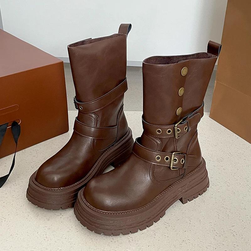 Winter Platform Women Thigh High Boots Fashion Belt Buckle Long Booties Vintage Square Low Heels Ladies Shoes