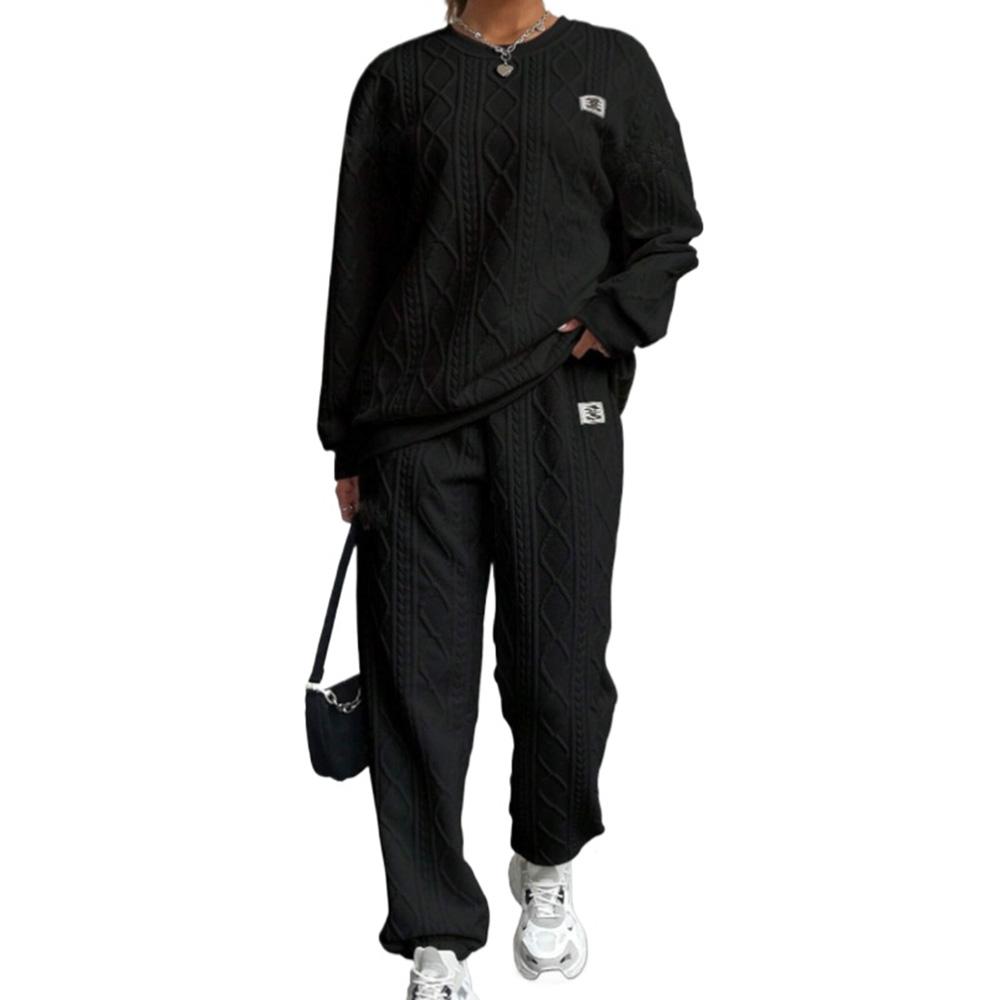 Women's Sports Set 2-piece, Solid Color Oversized Round Neck Sports Shirt and Pants Set, Pullover Casual Set