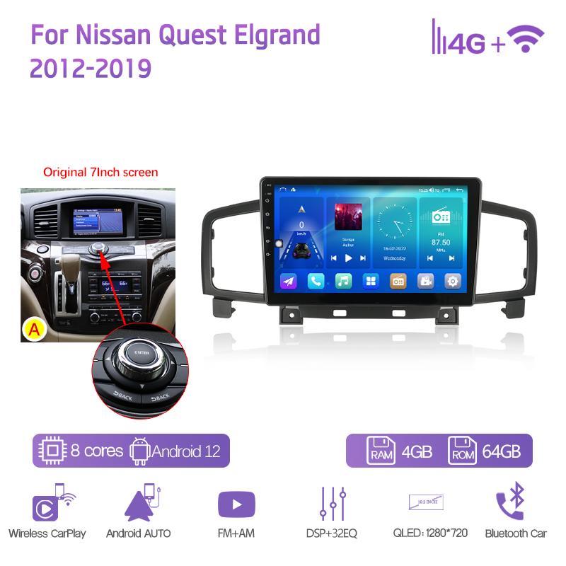 10.2" For Nissan Quest Elgrand 2012-2019 Car Multimedia Player GPS Navigation Radio Android12 8+128G 8Core CarPlay 4G 360Camera