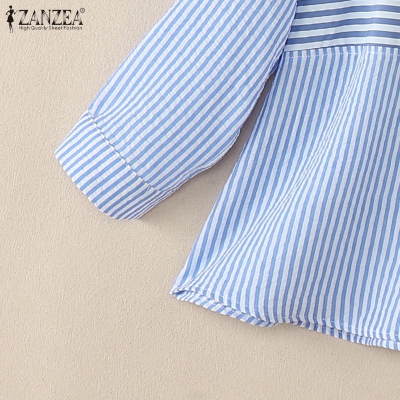 ZANZEA Women Stripe Print Casual Turn Down Collar 3/4 Sleeve Blouse