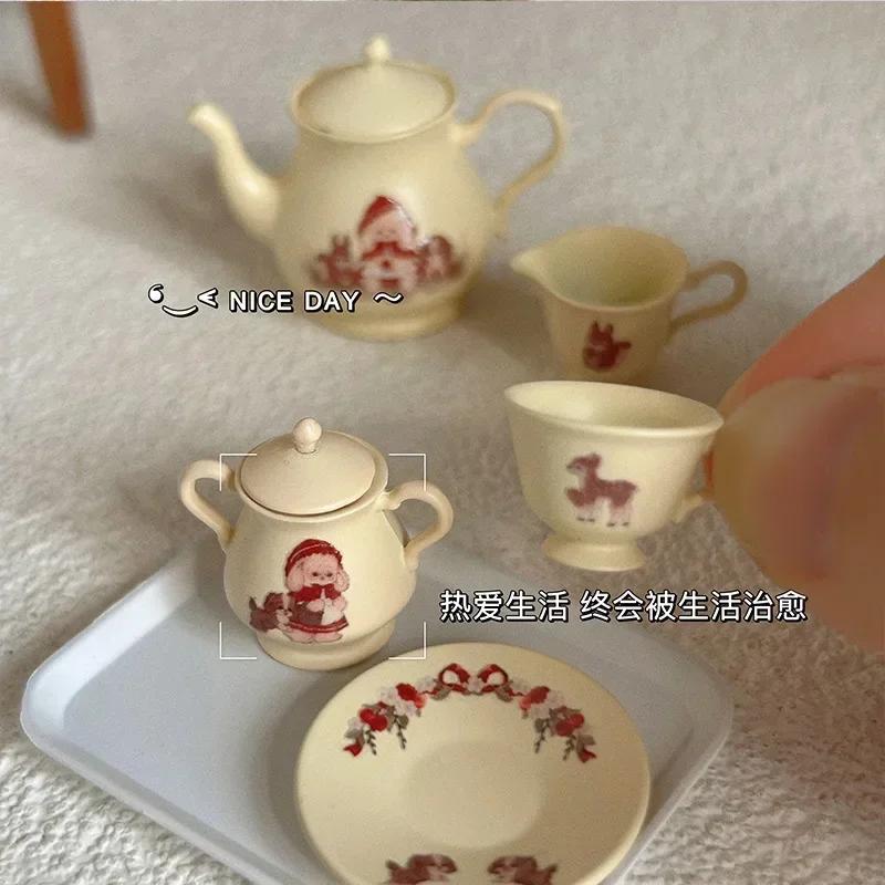 5PCS Cute Mini Ornaments 1/12 Scale Miniature Dollhouse Teapot Tea Cup Set for OB11 BJD Doll Accessories Home Decoration