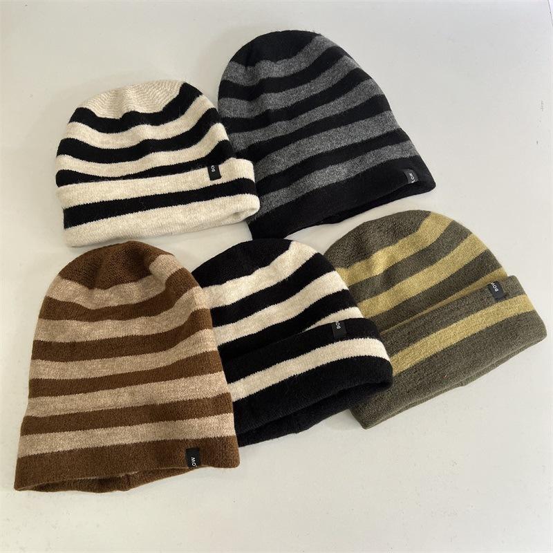Striped letter sewn label roll brim casual retro fashion versatile street wool hat stack hat