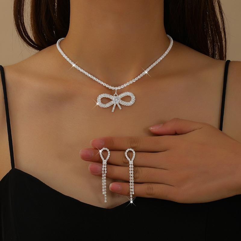 Bow Rhinestone Fringed Necklace Earrings Women's Two-piece Set, Wedding Temperament Noble and Elegant Collarbone