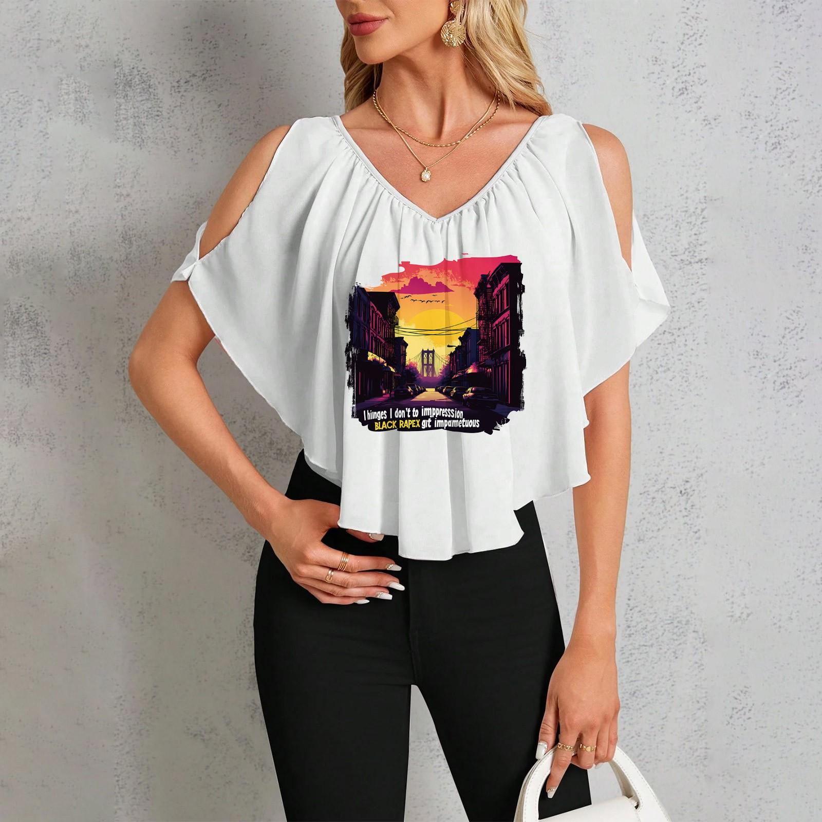 

Женская повседневная футболка с V-образным вырезом и открытыми плечами с гавайским принтом XL винный