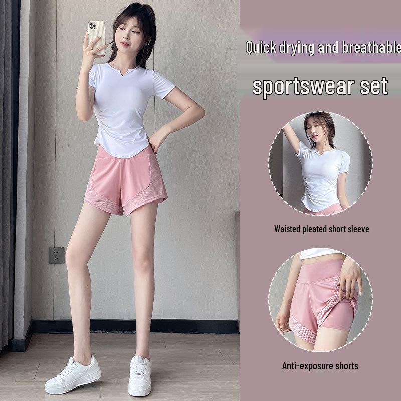 Women's Summer 2025 Slim Fit Ice Silk Sportswear Set: Quick-Dry Top & Fitness Shorts