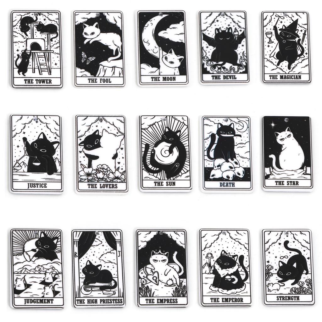5PCs Black White Acrylic Tarot Pendants Rectangle Cat Double-sided Charms For DIY Earrings Necklace Jewelry Making 3.8cm X 2.3cm