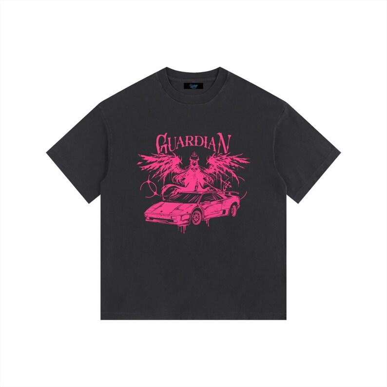 Y2K Cyberpunk  Guardian  Angel & Neon Pink Lamborghini Graphic Oversized Streetwear T-Shirt Top for Car Culture & Alternative Fashion Lovers 4XL