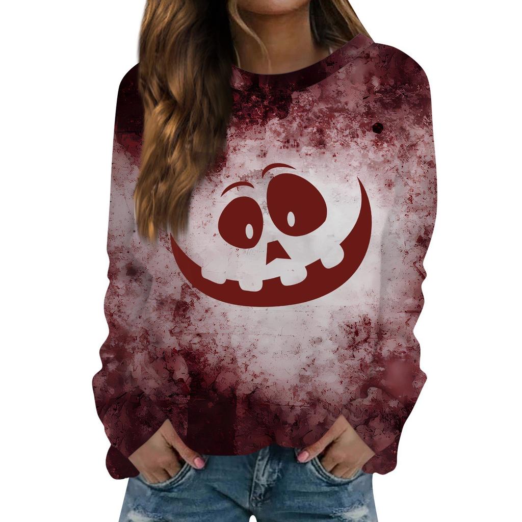 Tops für Damen, Damen, Casual Fashion, Halloween-Print, Langarm, Rundhalsausschnitt, Pullover, Top, Bluse, Ropa De Mujer, Kleidung