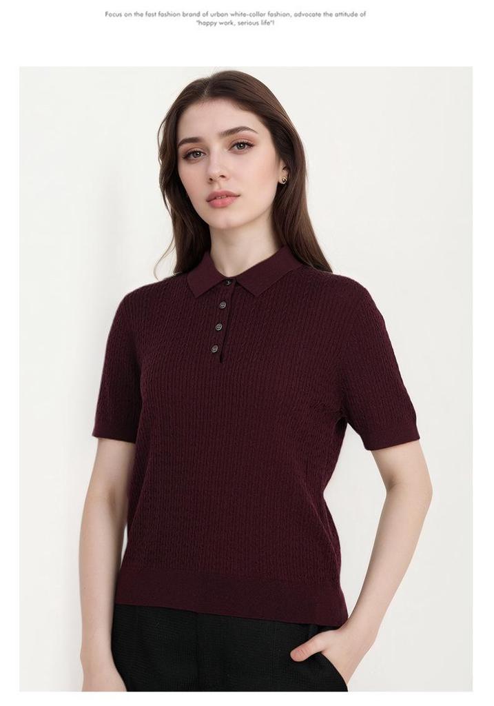 Women's Retro Flower Button Knit Polo Top - Machine Washable Wool, Short Sleeve, Lapel Collar for Autumn/Winter