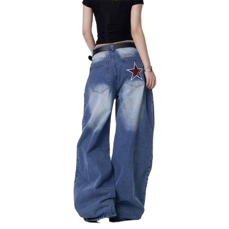 New letter and star embroidered gradient wide-leg jeans for women, loose, casual, versatile, textured, floor-length pants
