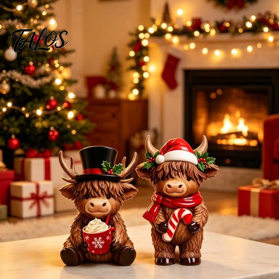 Unique Holiday Home Soft Furnishings 2Pcs Christmas Highland Cow Figurines, Resin Santa Reindeer Cow, with Hat, Detailed Animal Craft Hot Cocoa, Decor