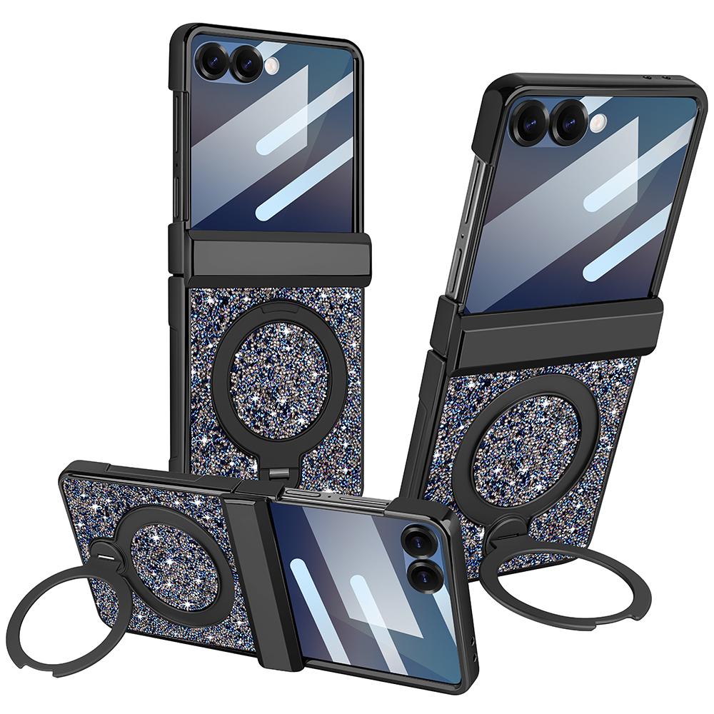 Glitter Faux Leather for Samsung Z Flip 7/6 Phone Case with Magnetic Rotatable Kickstand, Anti-peep Film Protective Hinge Cover
