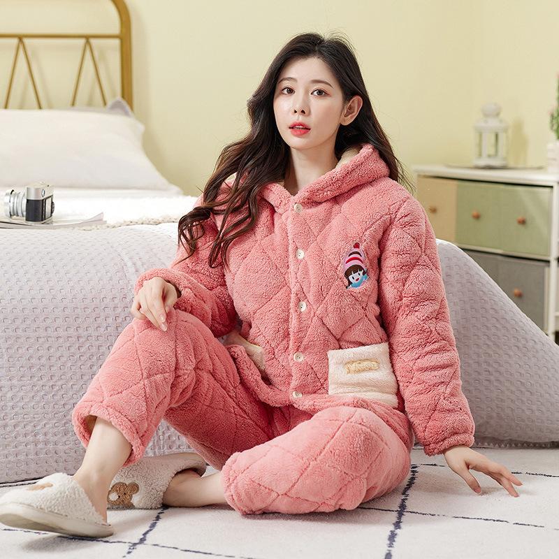 Women's winter pajamas three-layer thickened padded cotton to keep warm and fleece coral fleece padded jacket