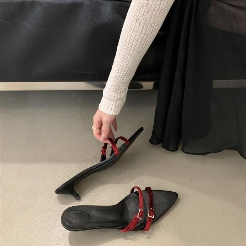 Slim Heel One Strap Sandals Women's Fashion Pointed Toe Open Toe Metal Buckle Slim Slip Kitten Heel Shoes