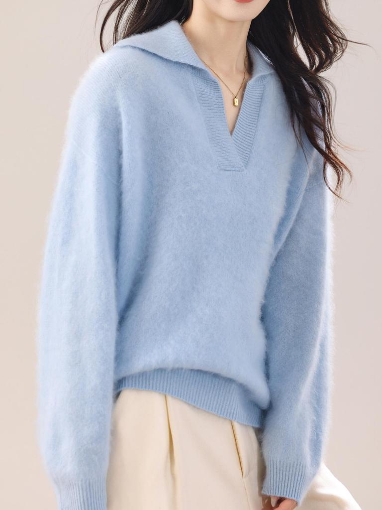 Navy Double-Strand Wool Brushed Texture Collar Chic Cardigan - Retro & Versatile for Autumn/Winter Women