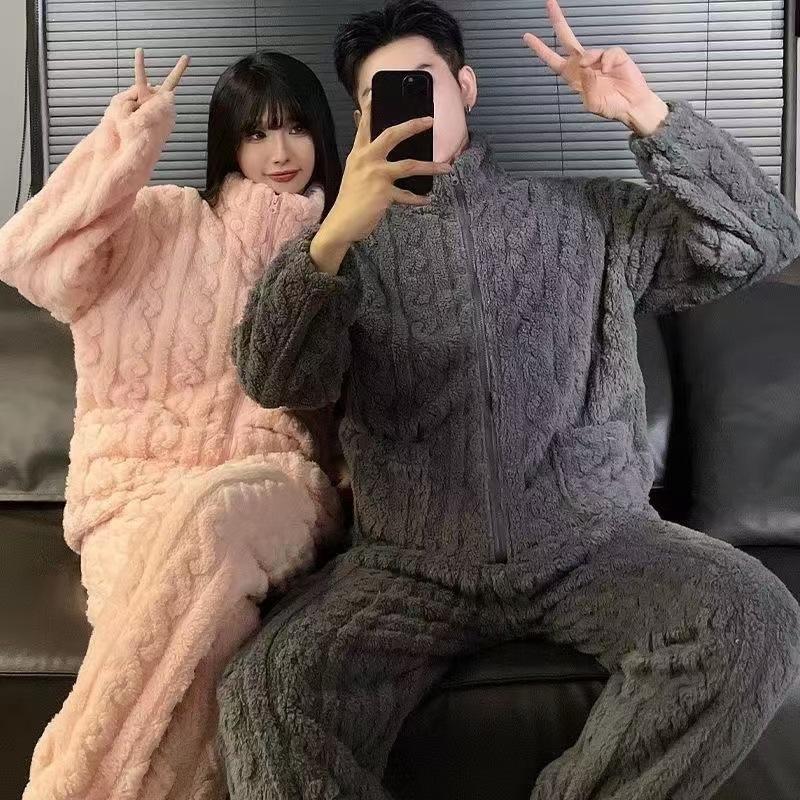 Polka Dot Coral Fleece Couple Pajamas Set Winter Zipper Flannel Men'S Loose Casual Loungewear Girls