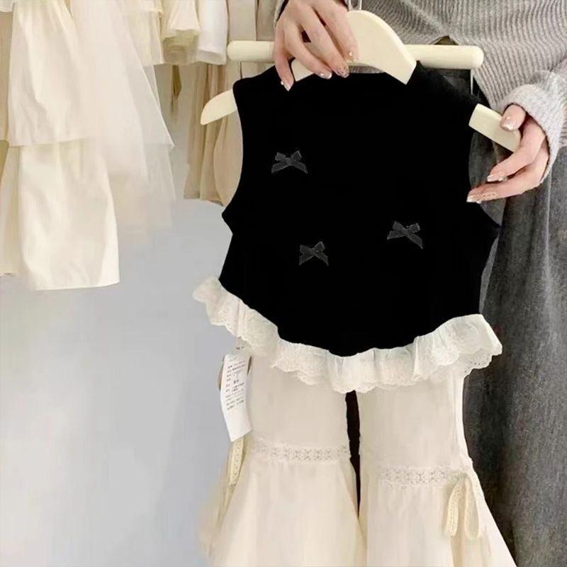 Girls Cute 3D Bow Lace Hem Sleeveless Tank Top, Kids Round Neck Cropped Vest 3 Colors