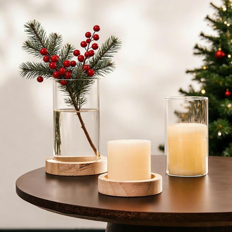 Set aus 2 klaren Glaszylinder-Vasen, winddichte Kerzenhalter mit Holzplatte für Blumenarrangements, Partytische und Wohnzimmerdekorationen