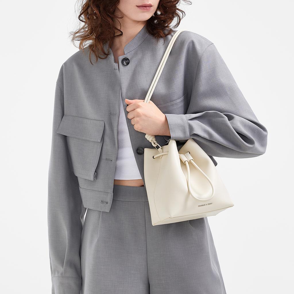 Charles & Keith Minimalist Drawstring Soft Bucket Bag Embossed Leather Women Shoulder Bag Beige Black Gray CK2-10271282
