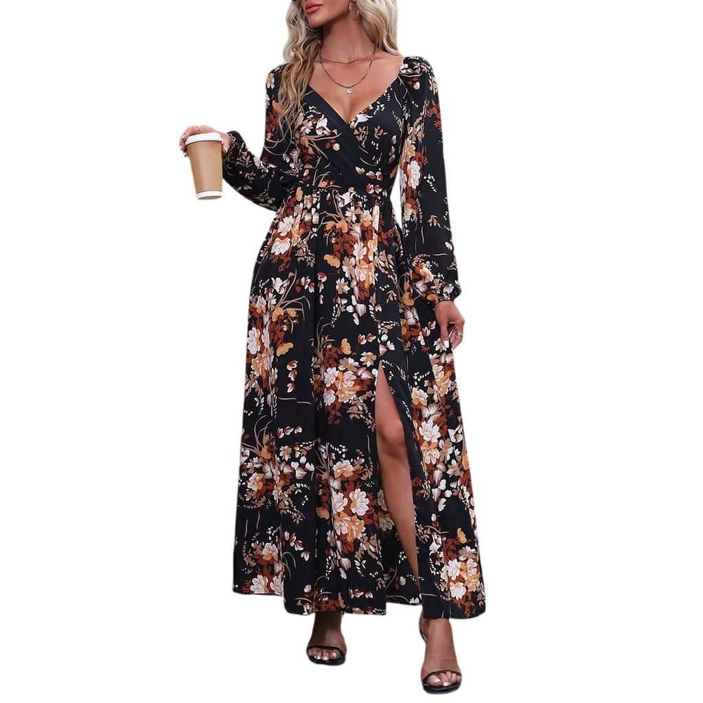 Women's Floral Print V Neck Long Sleeve Dress