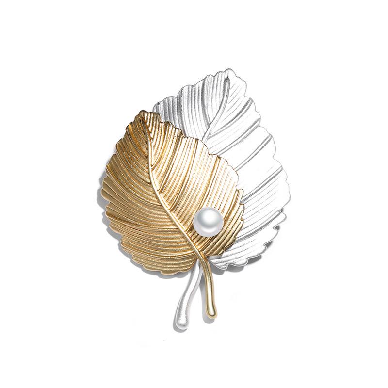 Bo Xin Yun Two-Tone Matte Gold & Silver Leaf Pearl Brooch - Sweater/Cardigan Accessory
