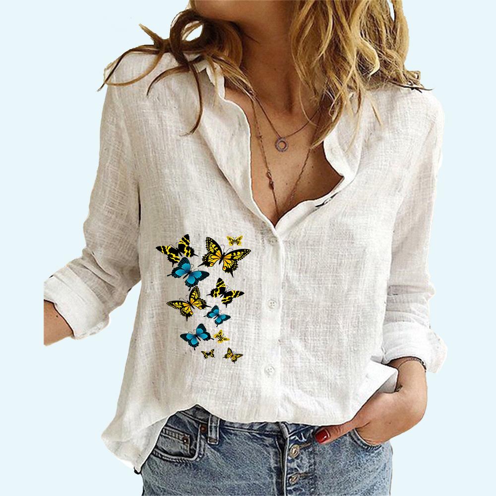 Women Fashion Print Blouses Spring and Fall Casual Long Sleeved Linen Top Female Cardigan Long Sleeve Shirt