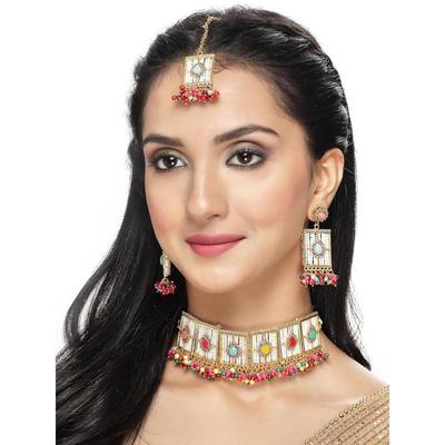 Sukkhi Magnifique ensemble de collier ras du cou plaqué or avec perles blanches carrées pour femme