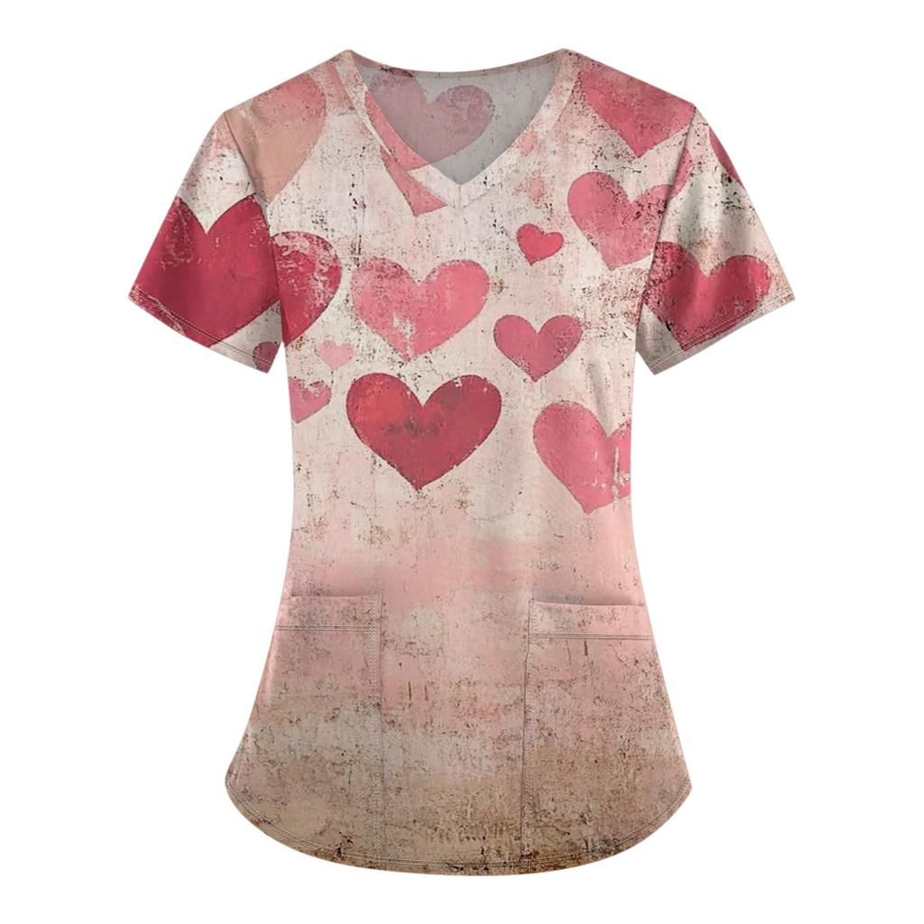 Women's Fashion V-Neck Short Sleeve Overalls With Pocket Valentine's Day Printed Tops  Clothes