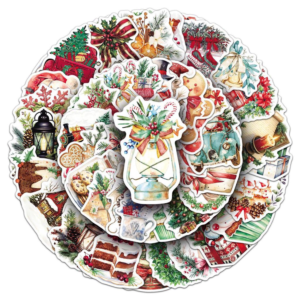 50 Vintage Holiday Watercolor Stickers: Gingerbread Man & Cartoon Designs for Journals & Waterproof Phone Cases