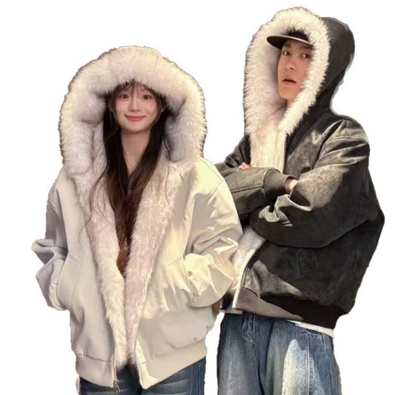 Unisex Hooded Fleece-Lined Cotton Puffer Jacket Winter Warm Short Coat Men Women Casual Streetwear